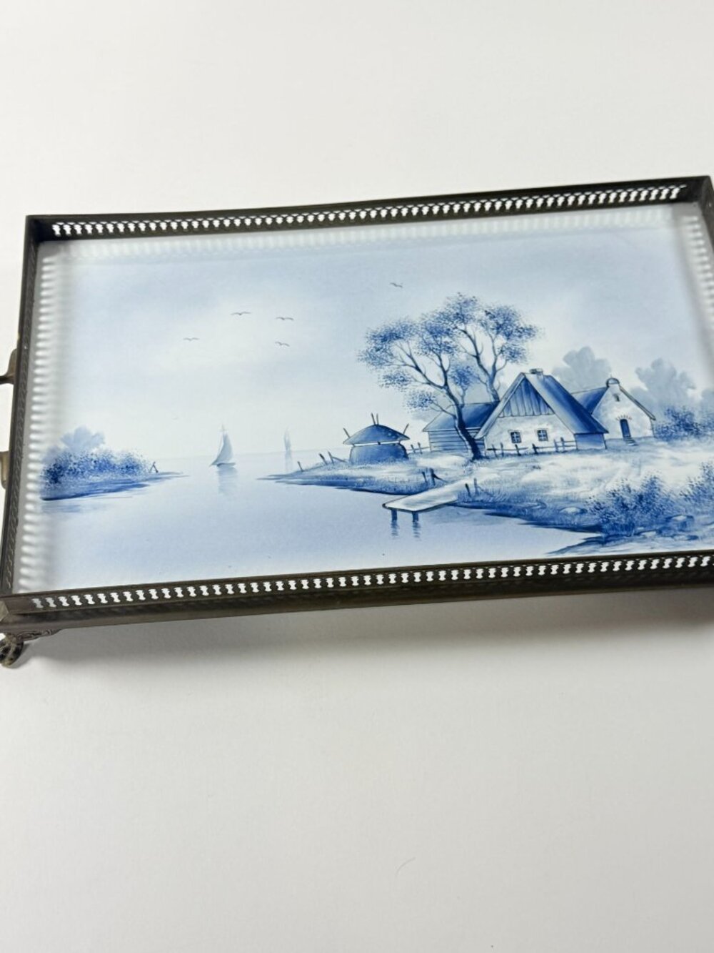 Vintage Porcelain Serving Tray Countryside Cottage Blue White Metal Edge Handles